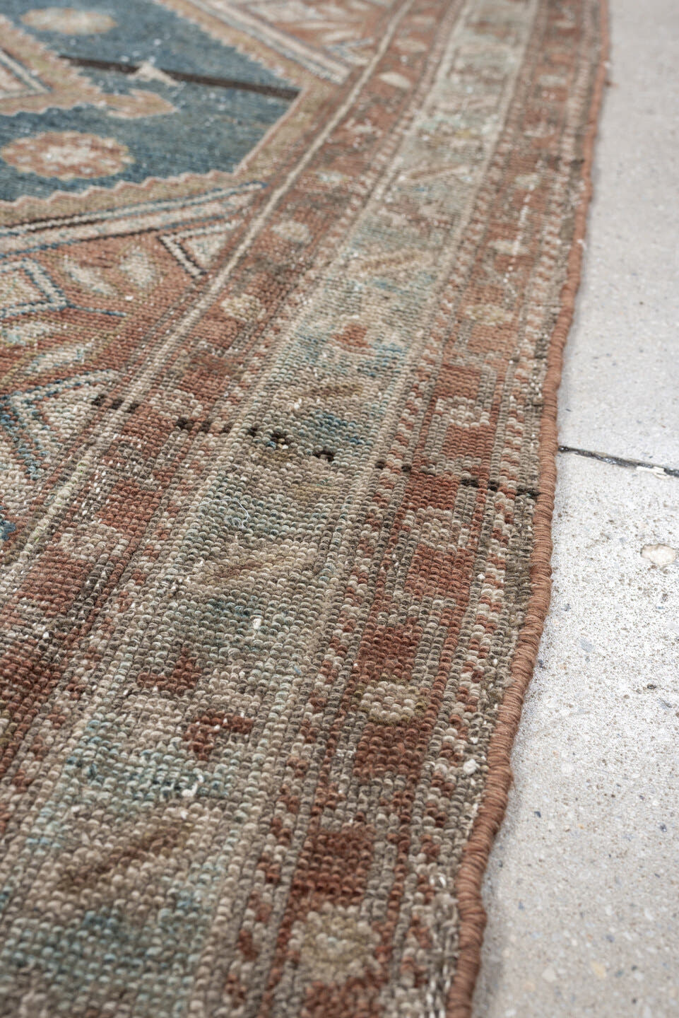 4' x 6' one-of-a-kind handmade antique Hamadan rug. Color palette: blue, terra cotta, ivory, taupe, charcoal, camel