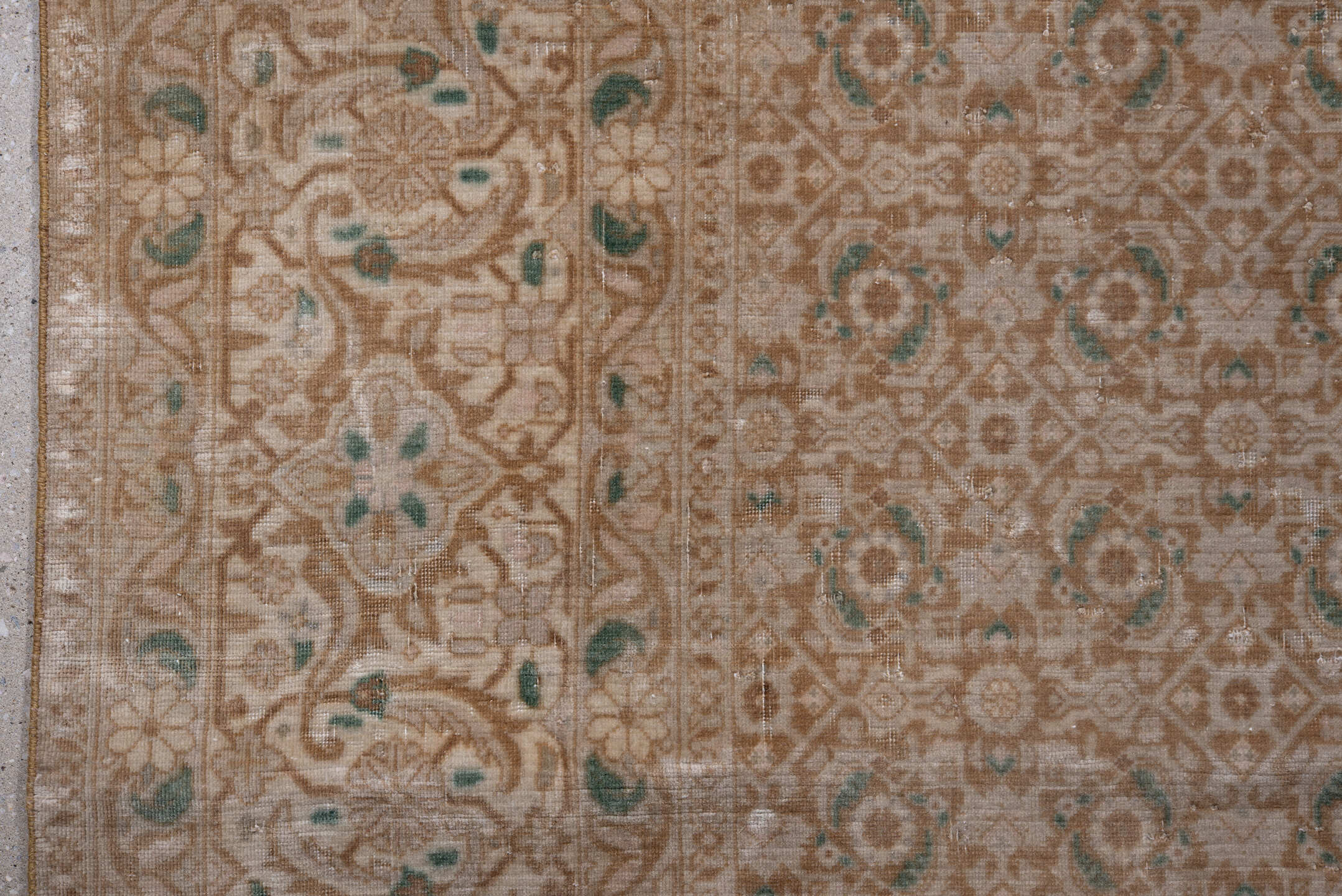 8' x 11' one-of-a-kind handmade antique Bidjar large size rug. Color palette: camel, taupe, ivory, sage, beige, sand, gray