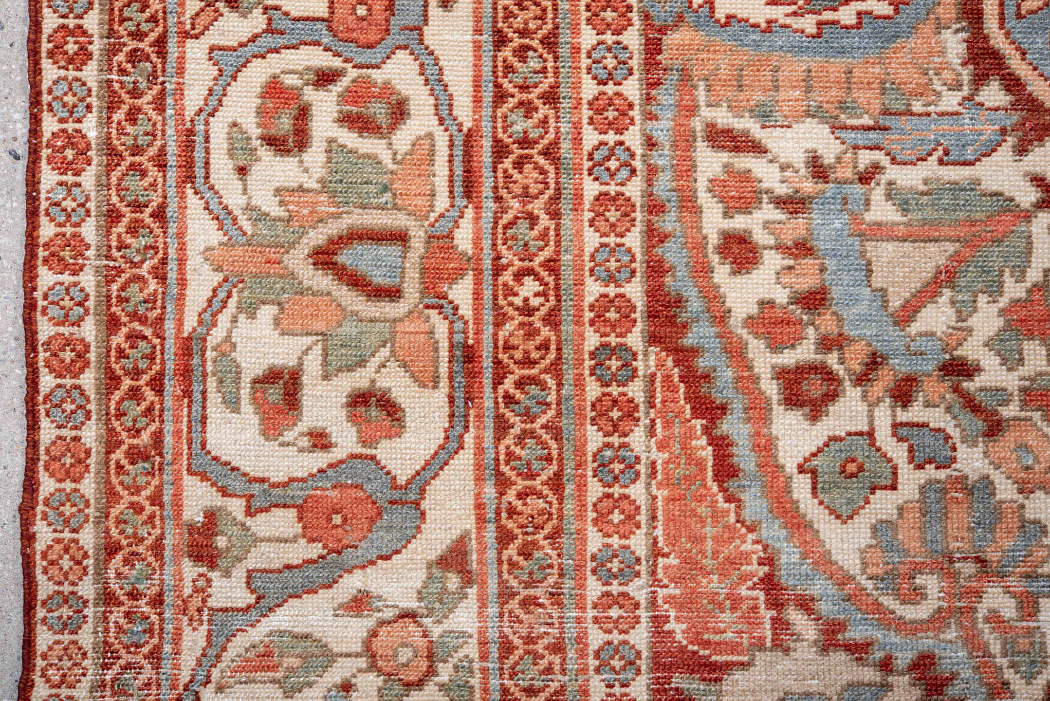 7' x 10' one-of-a-kind handmade vintage Baktiary large size rug. Color palette: ivory, rose, light blue, rust, burgundy
