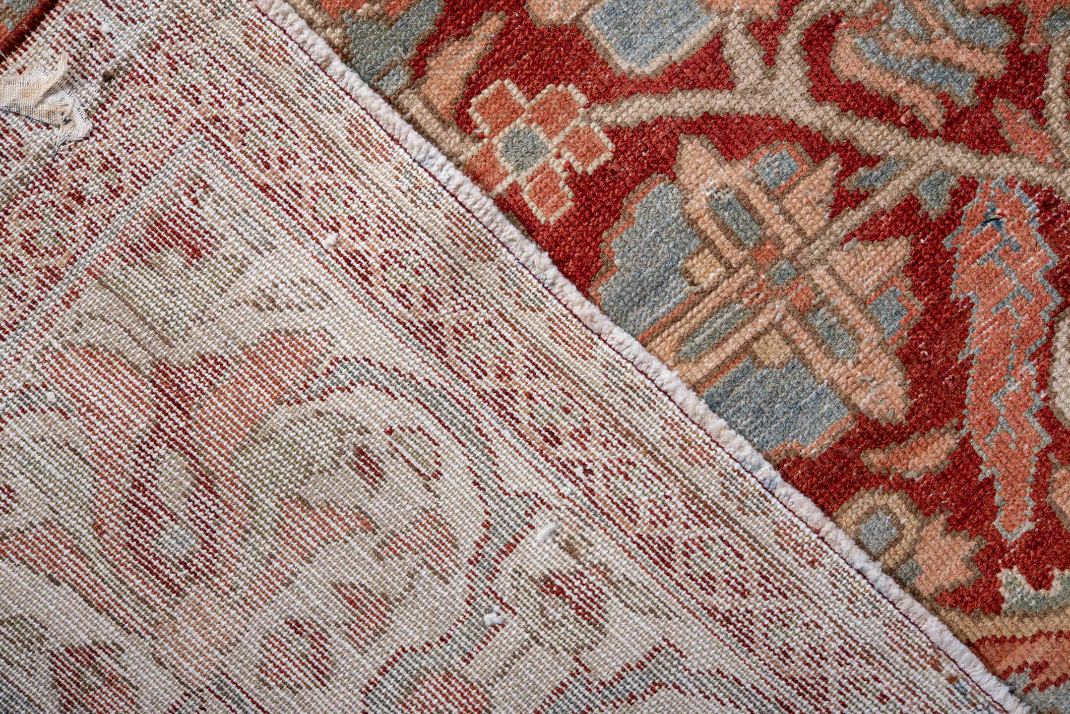 7' x 10' one-of-a-kind handmade vintage Baktiary large size rug. Color palette: ivory, rose, light blue, rust, burgundy