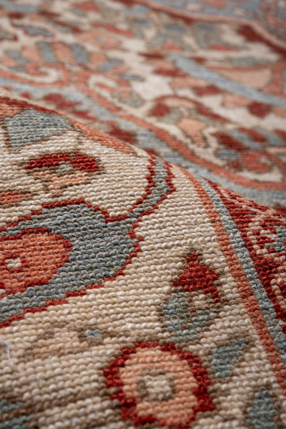 7' x 10' one-of-a-kind handmade vintage Baktiary large size rug. Color palette: ivory, rose, light blue, rust, burgundy