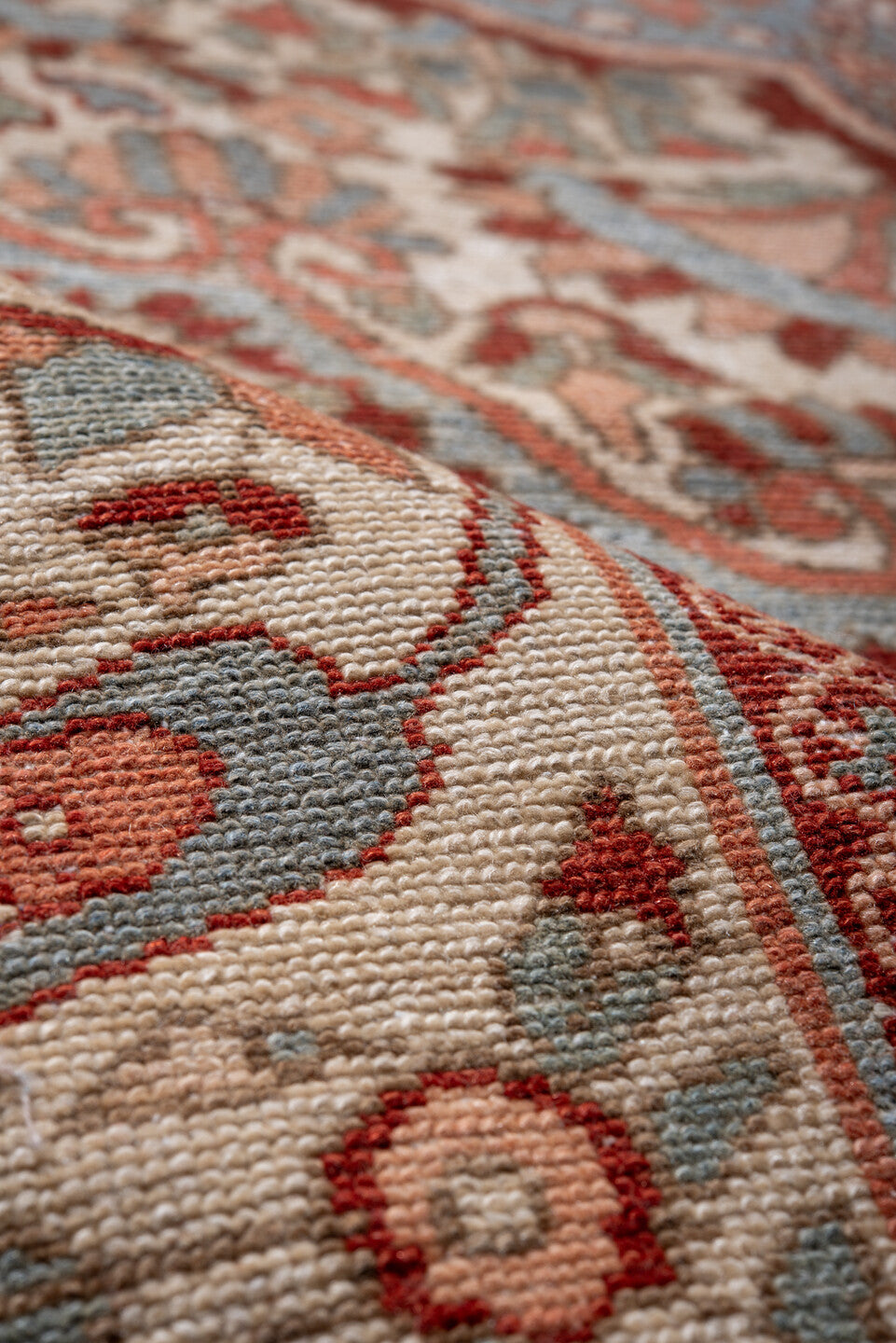 7' x 10' one-of-a-kind handmade vintage Baktiary large size rug. Color palette: ivory, rose, light blue, rust, burgundy