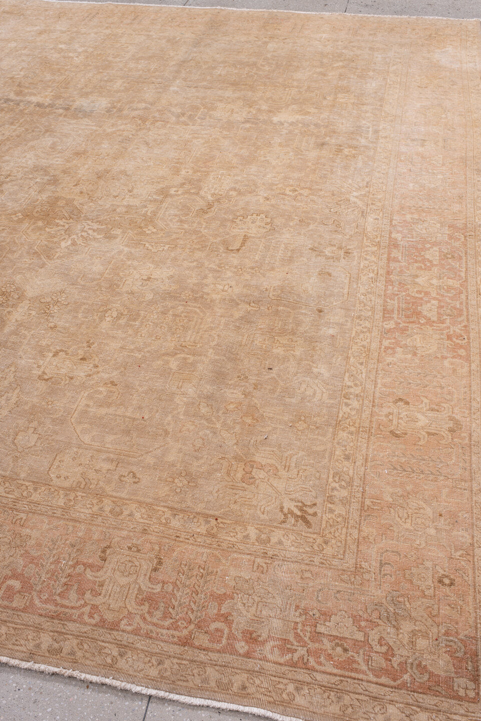 9' x 12' one-of-a-kind handmade vintage Tabriz large size rug. Color palette: bisque, brown, off-white, orange, peach puff