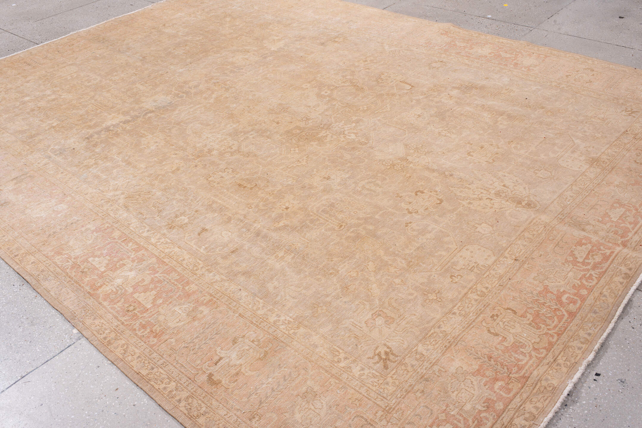 9' x 12' one-of-a-kind handmade vintage Tabriz large size rug. Color palette: bisque, brown, off-white, orange, peach puff
