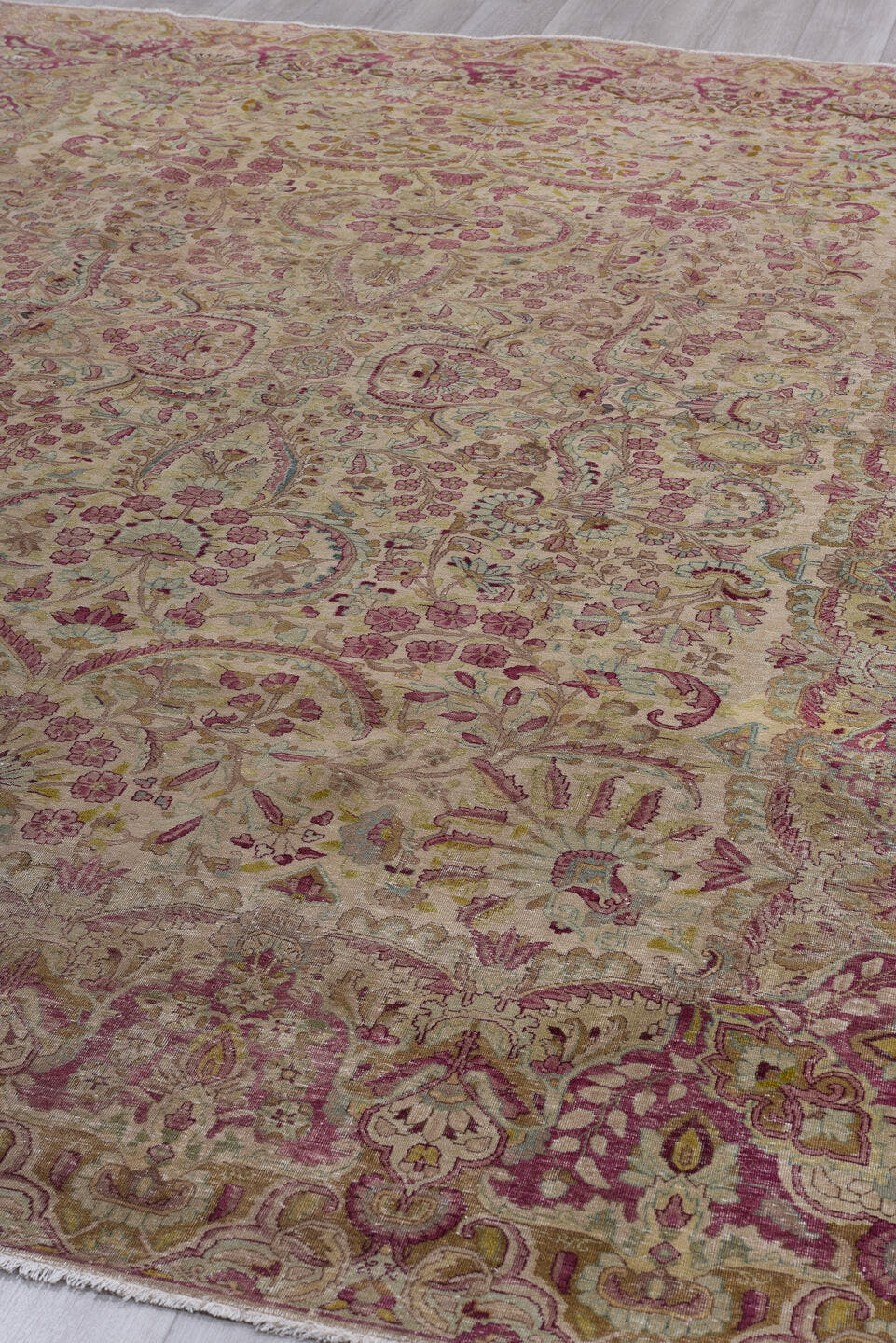 9' x 11' one-of-a-kind handmade vintage Kerman large size rug. Color palette: ivory, rose, burgundy, taupe, beige, pale blue