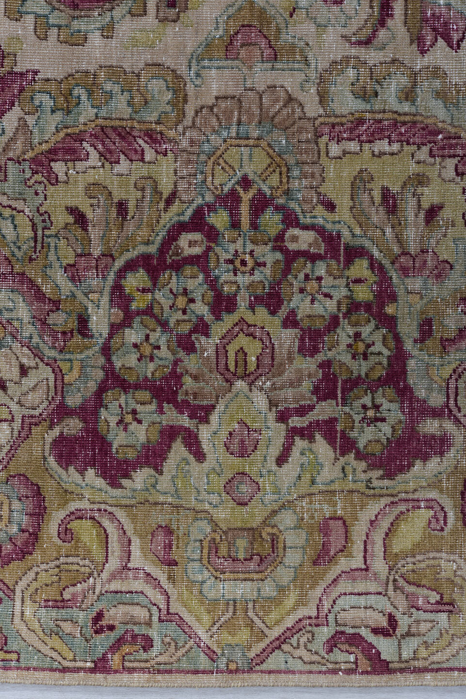 9' x 11' one-of-a-kind handmade vintage Kerman large size rug. Color palette: ivory, rose, burgundy, taupe, beige, pale blue