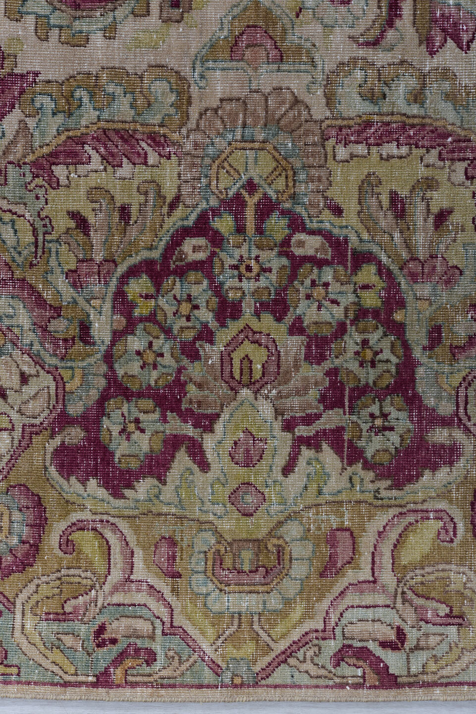 9' x 11' one-of-a-kind handmade vintage Kerman large size rug. Color palette: ivory, rose, burgundy, taupe, beige, pale blue