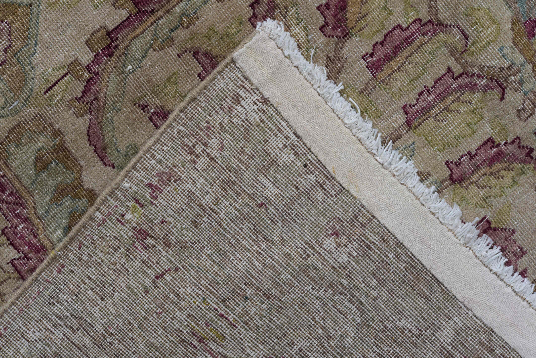 9' x 11' one-of-a-kind handmade vintage Kerman large size rug. Color palette: ivory, rose, burgundy, taupe, beige, pale blue