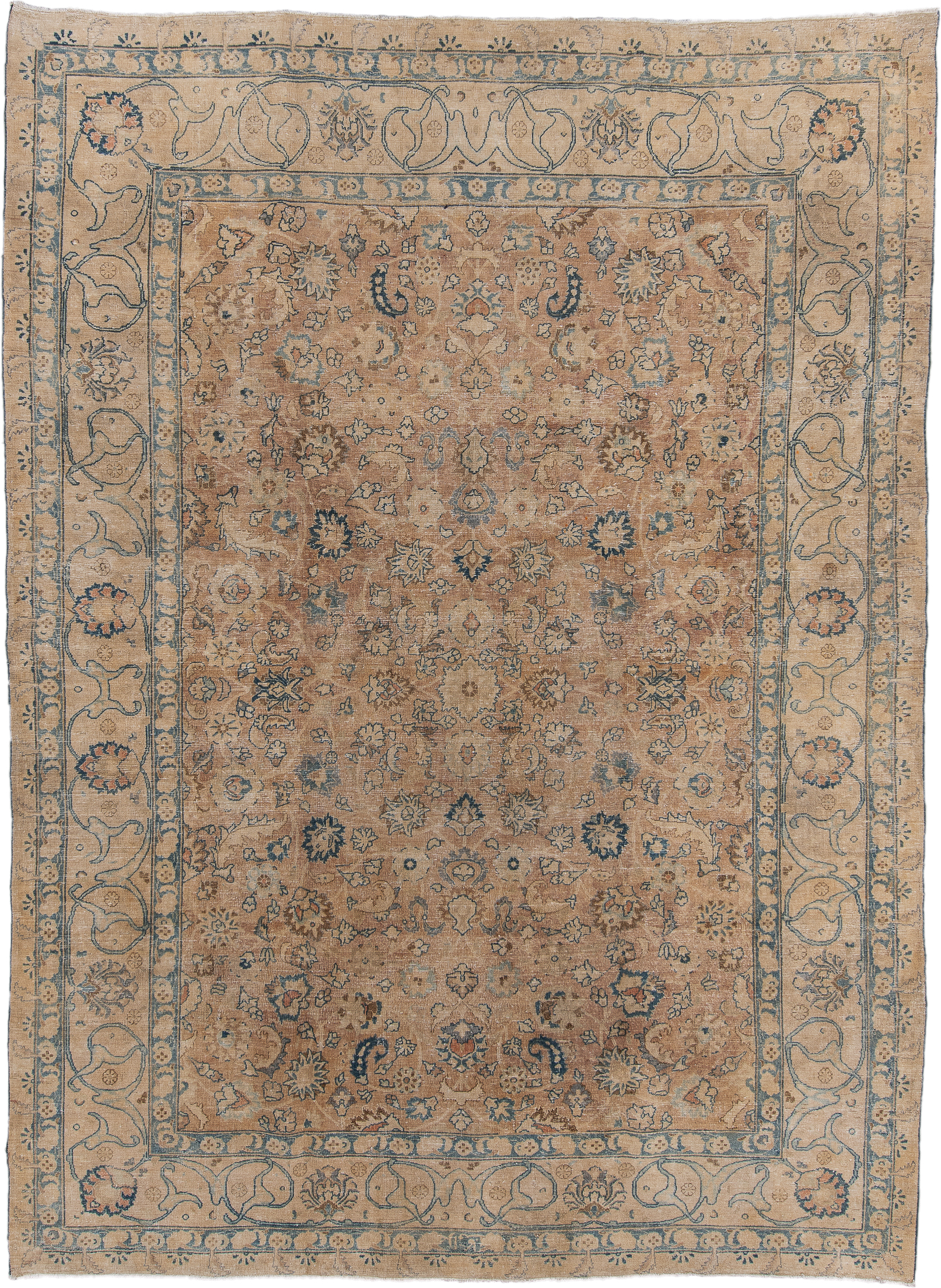 8' x 11' one-of-a-kind handmade vintage Meshed large size rug. Color palette: camel, ivory, slate, taupe, faded blue, beige