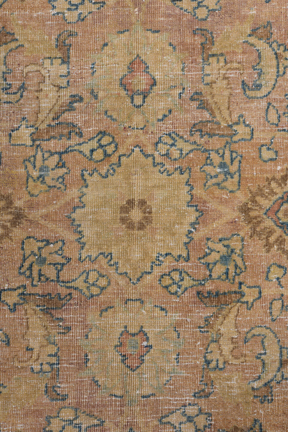 8' x 11' one-of-a-kind handmade vintage Meshed large size rug. Color palette: camel, ivory, slate, taupe, faded blue, beige