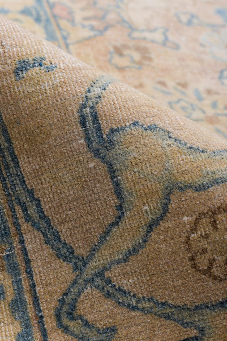 8' x 11' one-of-a-kind handmade vintage Meshed large size rug. Color palette: camel, ivory, slate, taupe, faded blue, beige