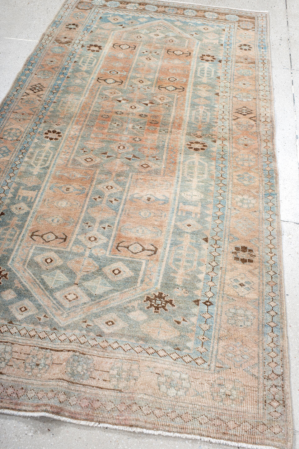 3' x 7' one-of-a-kind handmade antique Bidjar rug. Color palette: sky blue, ivory, blush, taupe, brown, camel, light blue