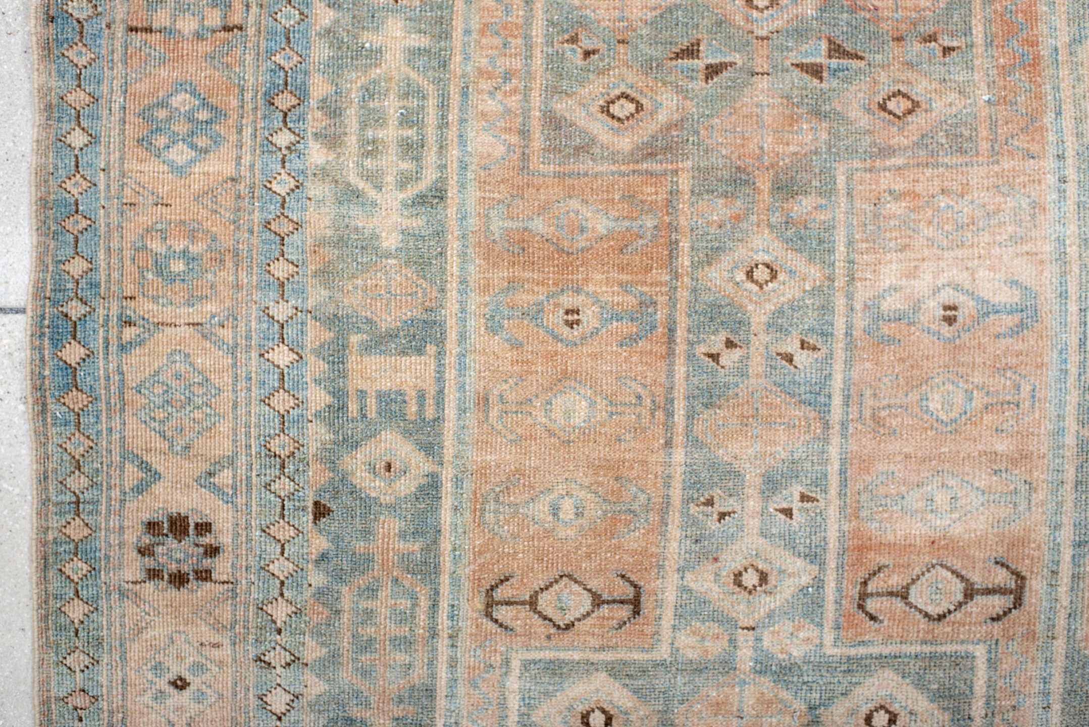 3' x 7' one-of-a-kind handmade antique Bidjar rug. Color palette: sky blue, ivory, blush, taupe, brown, camel, light blue