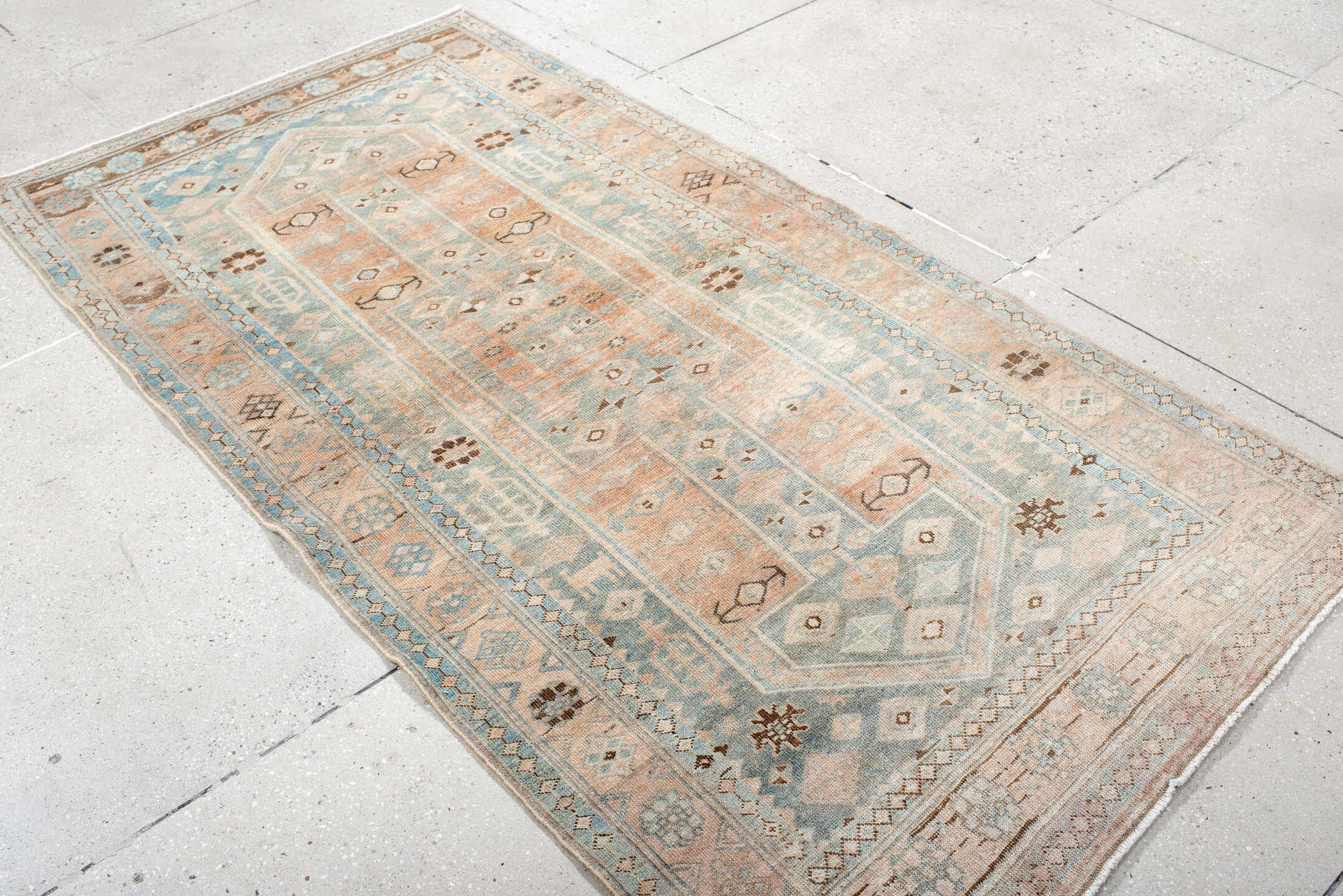 3' x 7' one-of-a-kind handmade antique Bidjar rug. Color palette: sky blue, ivory, blush, taupe, brown, camel, light blue