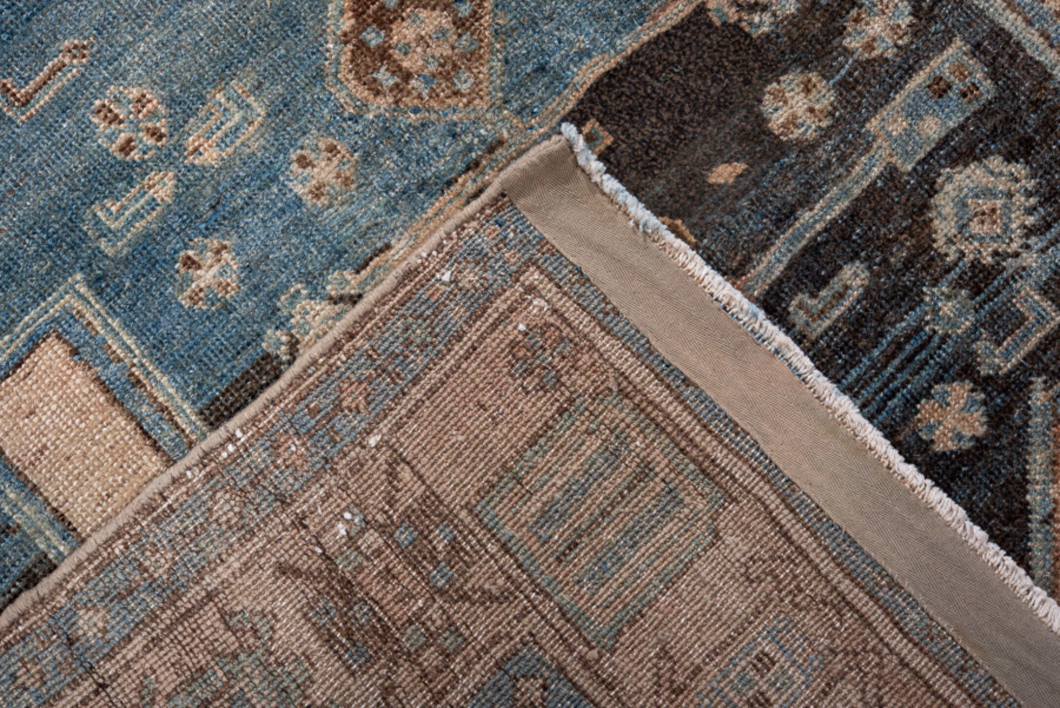 4' x 9' one-of-a-kind handmade vintage Bidjar runner rug. Color palette: black, blue, brown, charcoal, dim gray, gray
