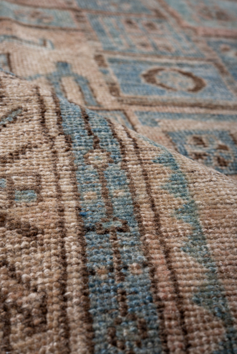 4' x 9' one-of-a-kind handmade antique Bidjar runner rug. Color palette: ivory, sky blue, slate blue, charcoal, taupe, camel