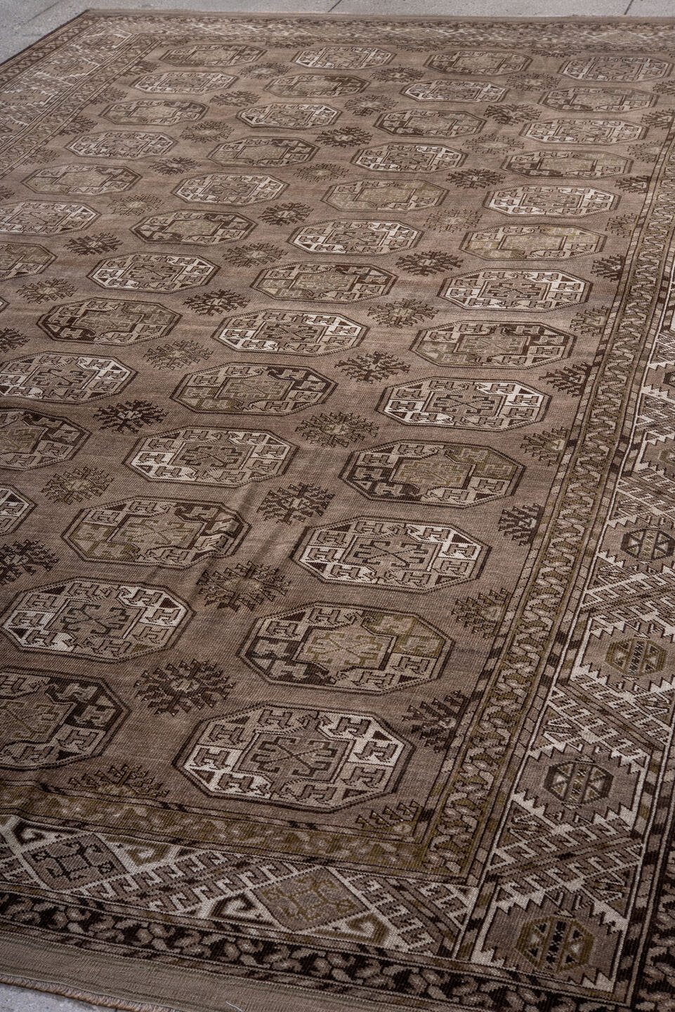 7' x 12' one-of-a-kind handmade vintage Afghan large size rug. Color palette: taupe, brown, ivory, charcoal, camel, beige