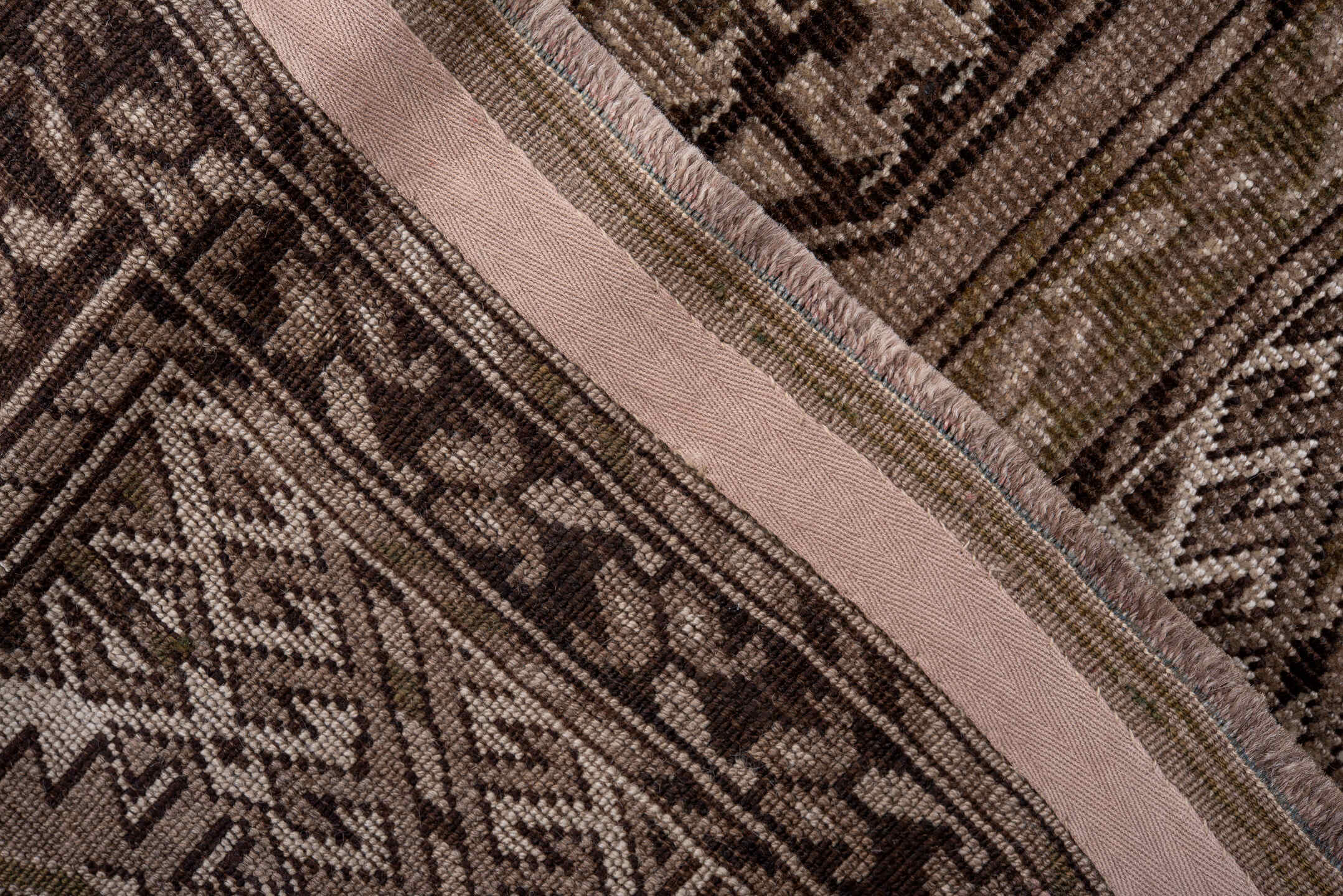 7' x 12' one-of-a-kind handmade vintage Afghan large size rug. Color palette: brown, gainsboro, gray, light gray, off-white