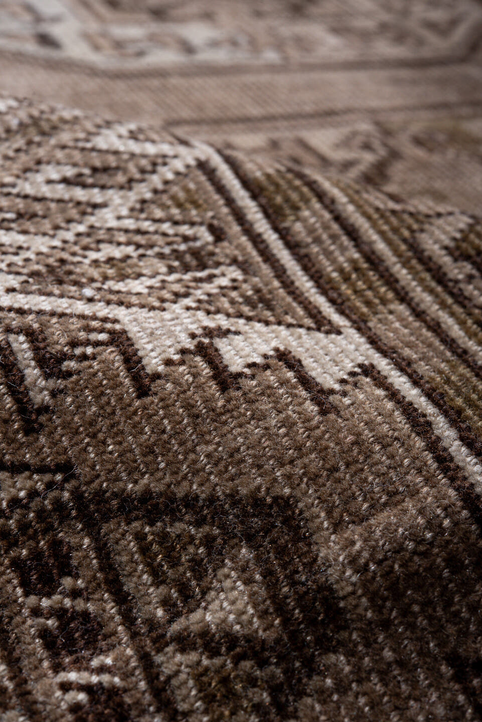 7' x 12' one-of-a-kind handmade vintage Afghan large size rug. Color palette: taupe, brown, ivory, charcoal, camel, beige