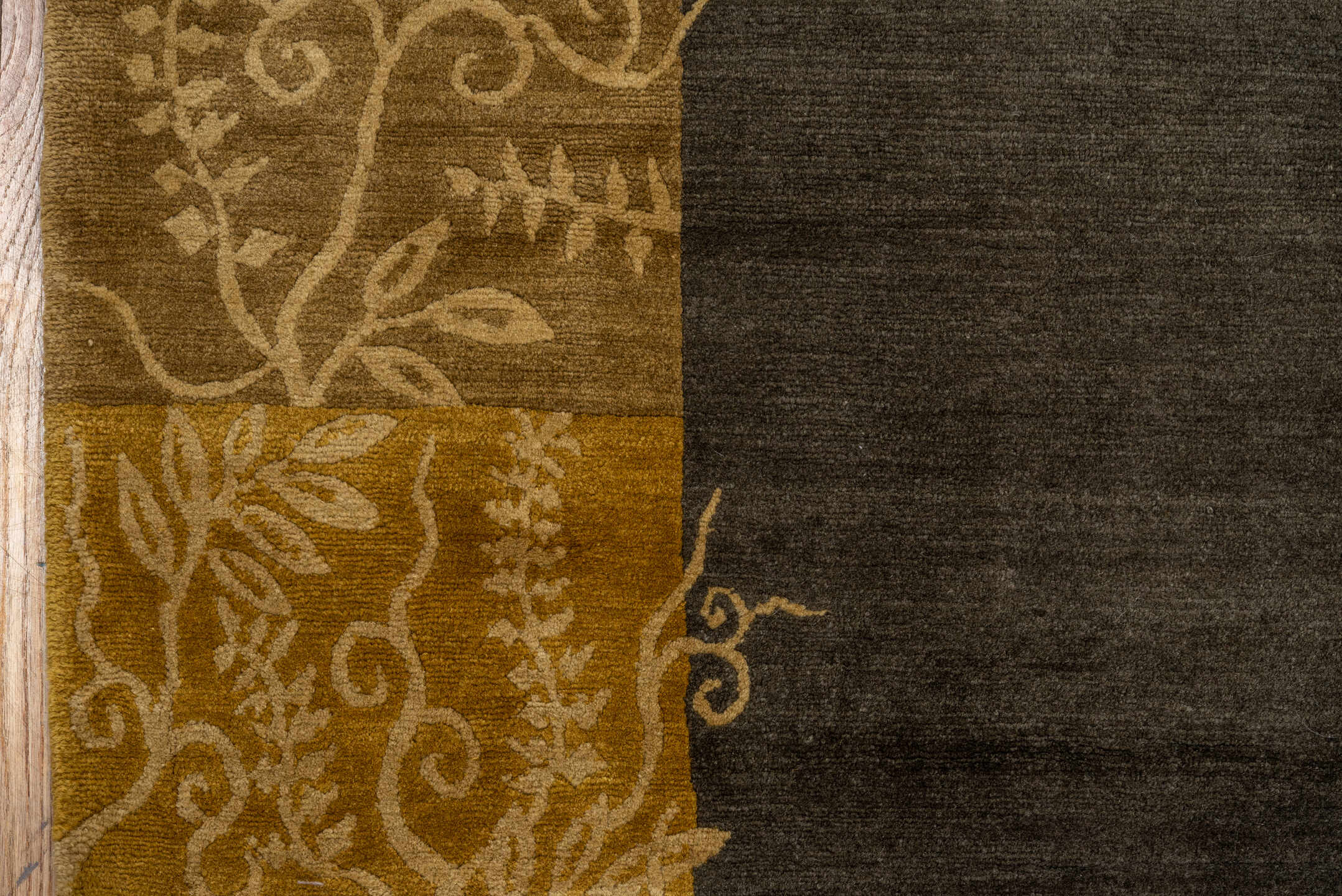 8' x 10' one-of-a-kind handmade vintage Tibetan large size rug. Color palette: charcoal, camel, gold, taupe, brown, ivory