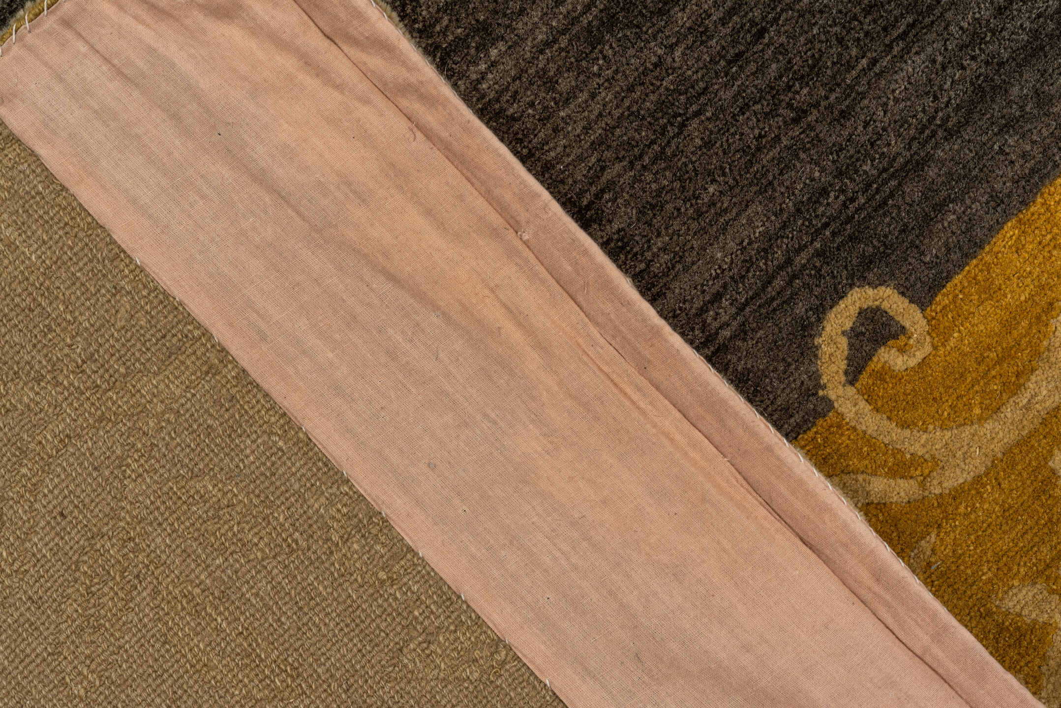 8' x 10' one-of-a-kind handmade vintage Tibetan large size rug. Color palette: charcoal, camel, gold, taupe, brown, ivory