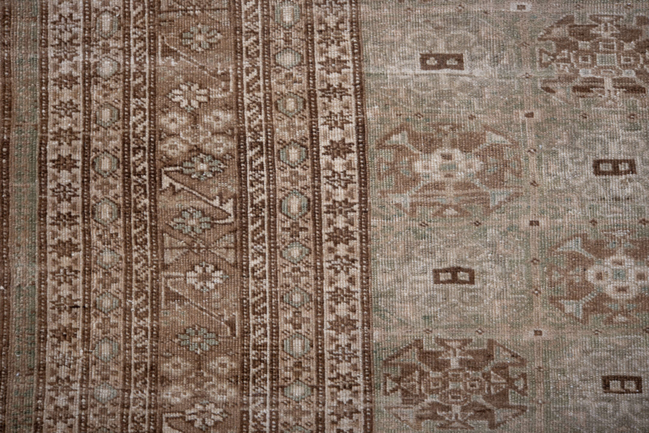 5' x 8' one-of-a-kind handmade antique Ardebil medium size rug. Color palette: taupe, brown, ivory, camel, beige, gray