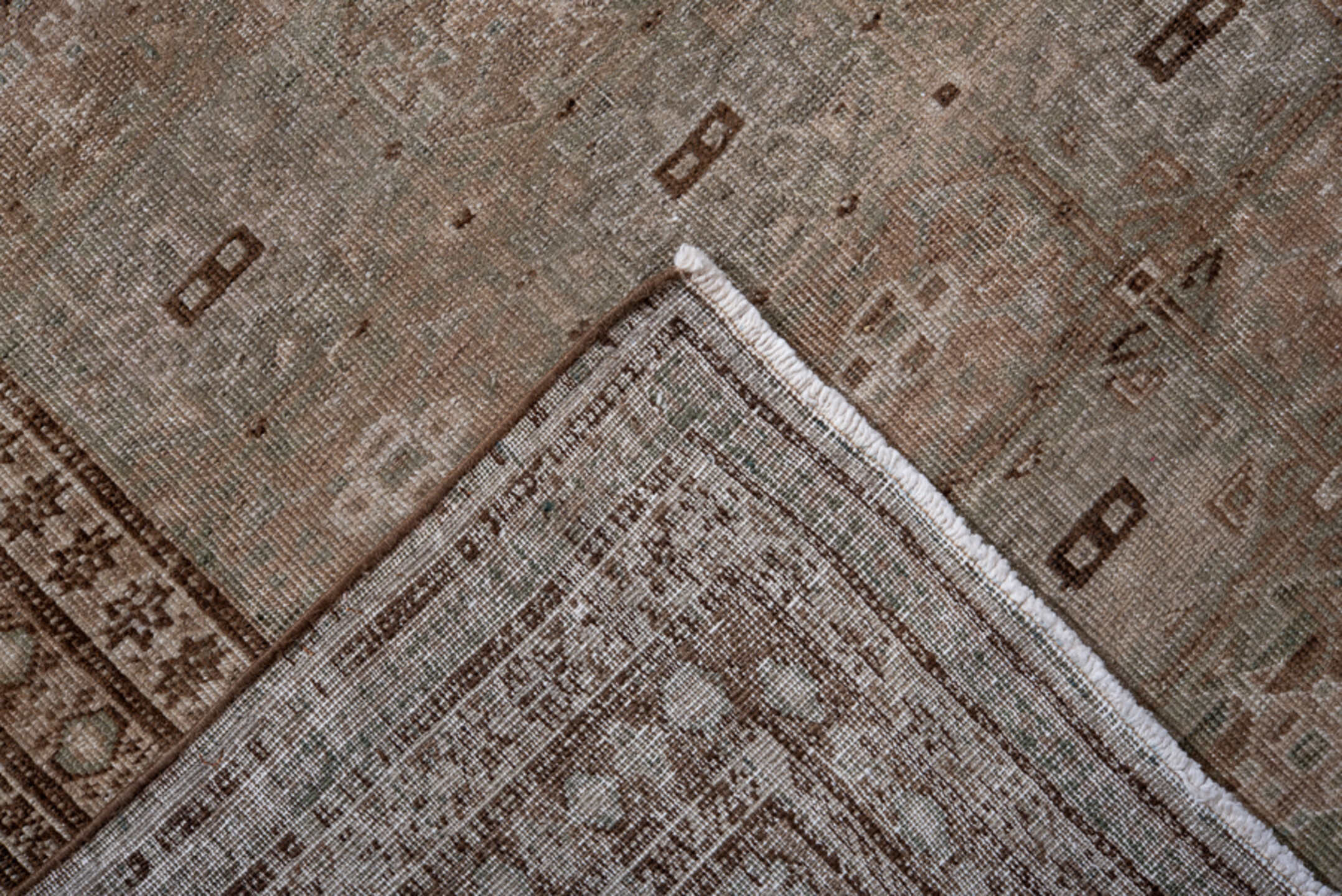5' x 8' one-of-a-kind handmade antique Ardebil medium size rug. Color palette: taupe, brown, ivory, camel, beige, gray