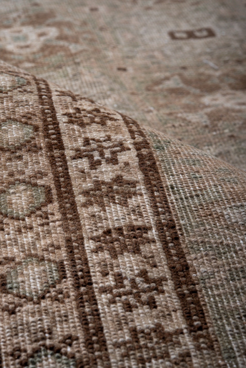 5' x 8' one-of-a-kind handmade antique Ardebil medium size rug. Color palette: taupe, brown, ivory, camel, beige, gray