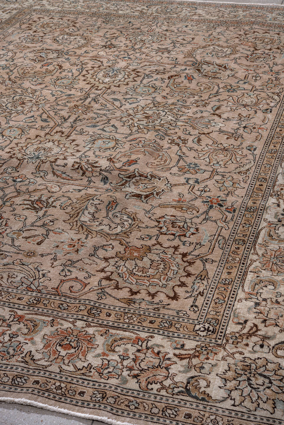 8' x 10' one-of-a-kind handmade antique Tabriz large size rug. Color palette: ivory, beige, taupe, camel, slate, rust, brown