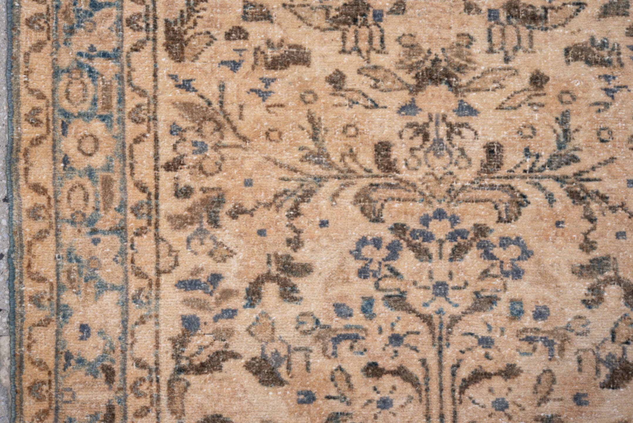 2' x 6' one-of-a-kind handmade antique Lilian runner rug. Color palette: ivory, sky blue, brown, taupe, beige, light blue