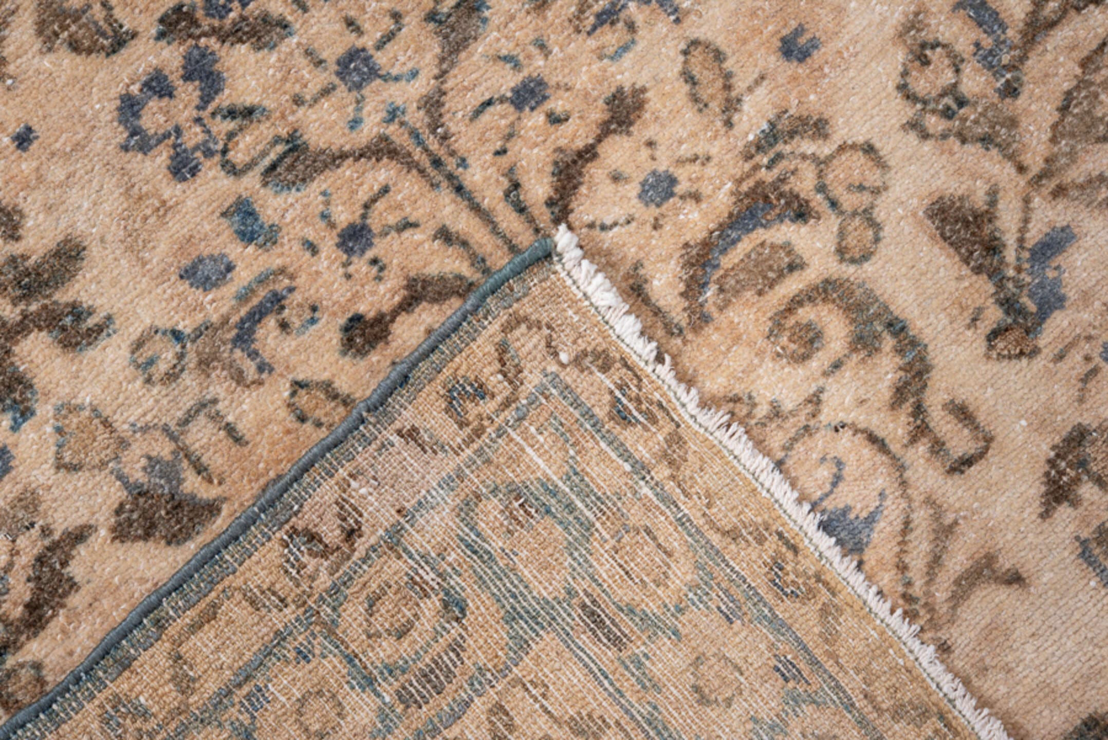 2' x 6' one-of-a-kind handmade antique Lilian runner rug. Color palette: ivory, sky blue, brown, taupe, beige, light blue