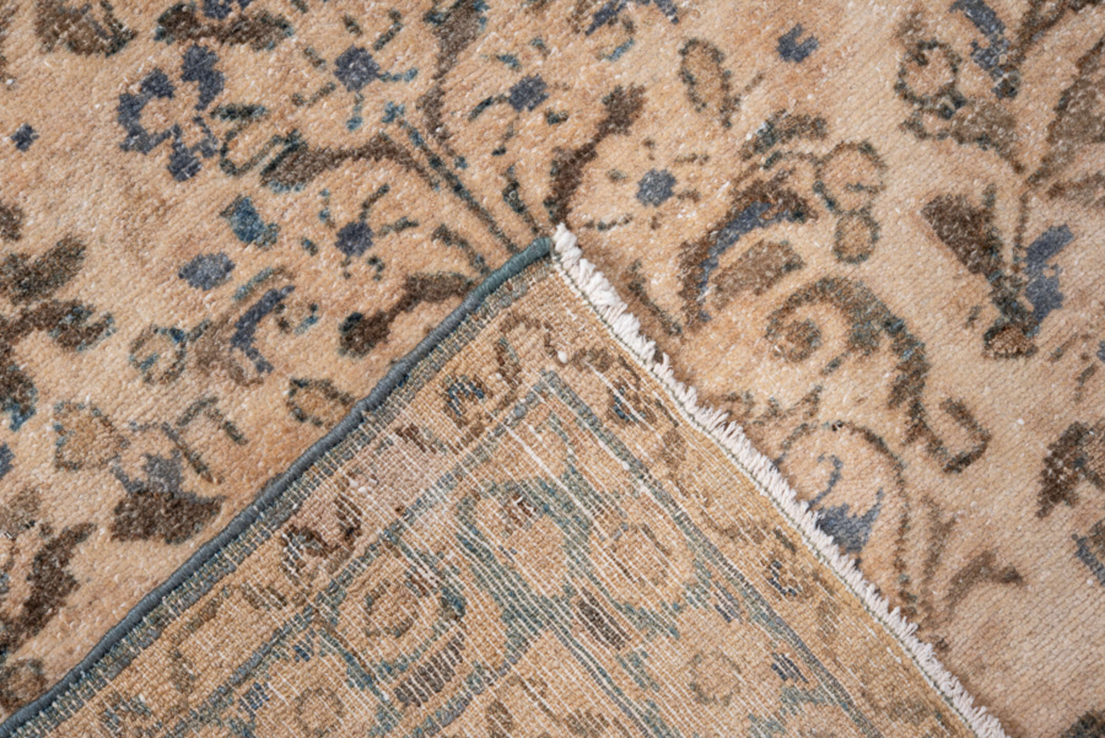 2' x 6' one-of-a-kind handmade antique Lilian runner rug. Color palette: ivory, sky blue, brown, taupe, beige, light blue