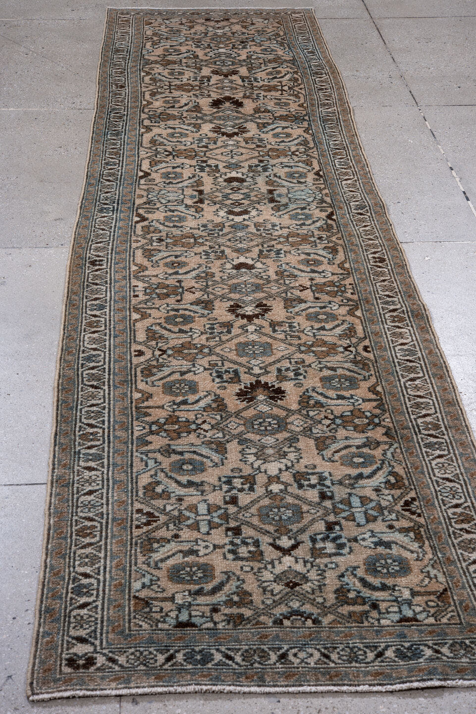 2' x 11' one-of-a-kind handmade antique Hamadan runner rug. Color palette: ivory, brown, sky_blue, camel, taupe, slate