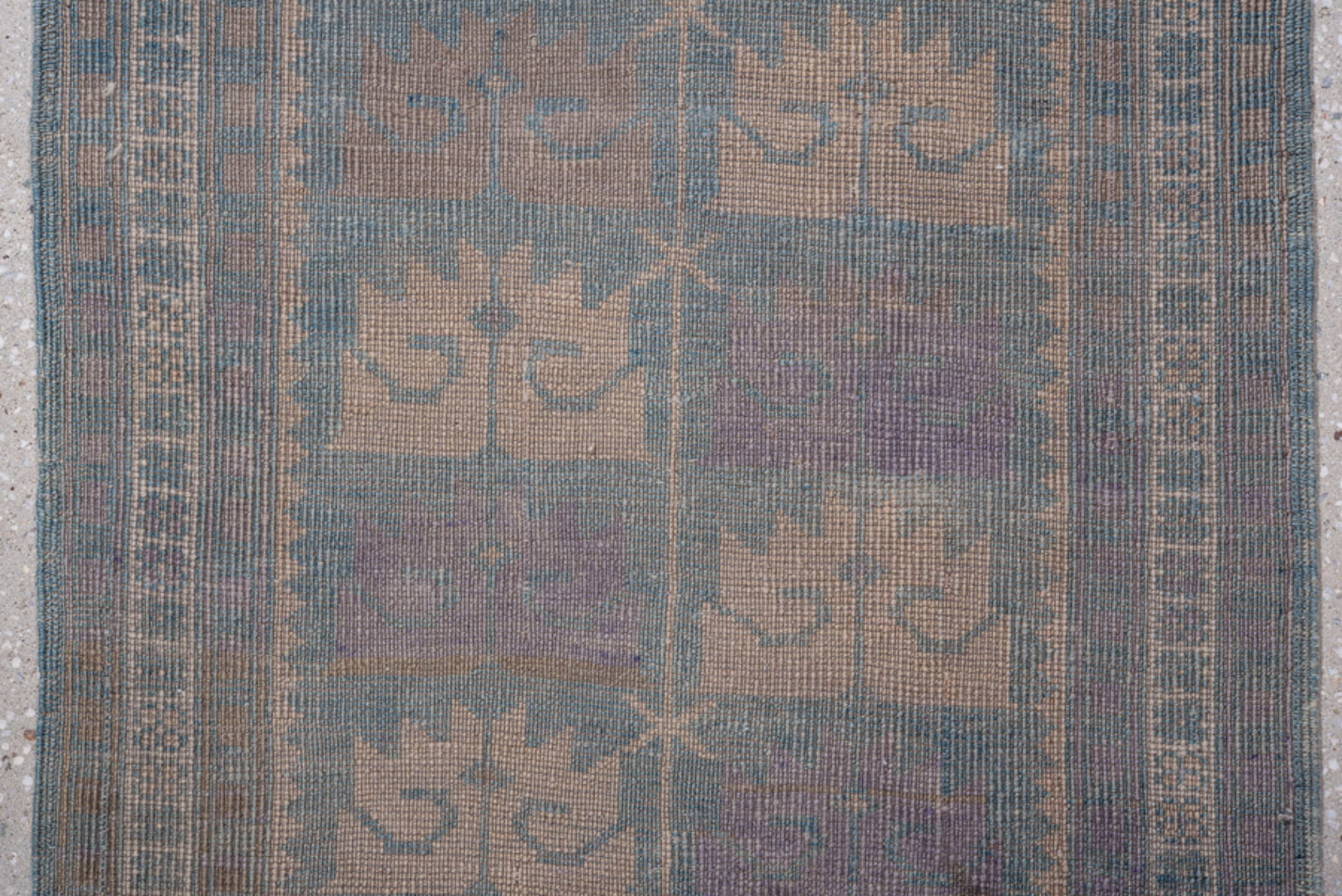 2' x 9' one-of-a-kind handmade vintage Oushak runner rug. Color palette: blue, dim gray, gray, pink