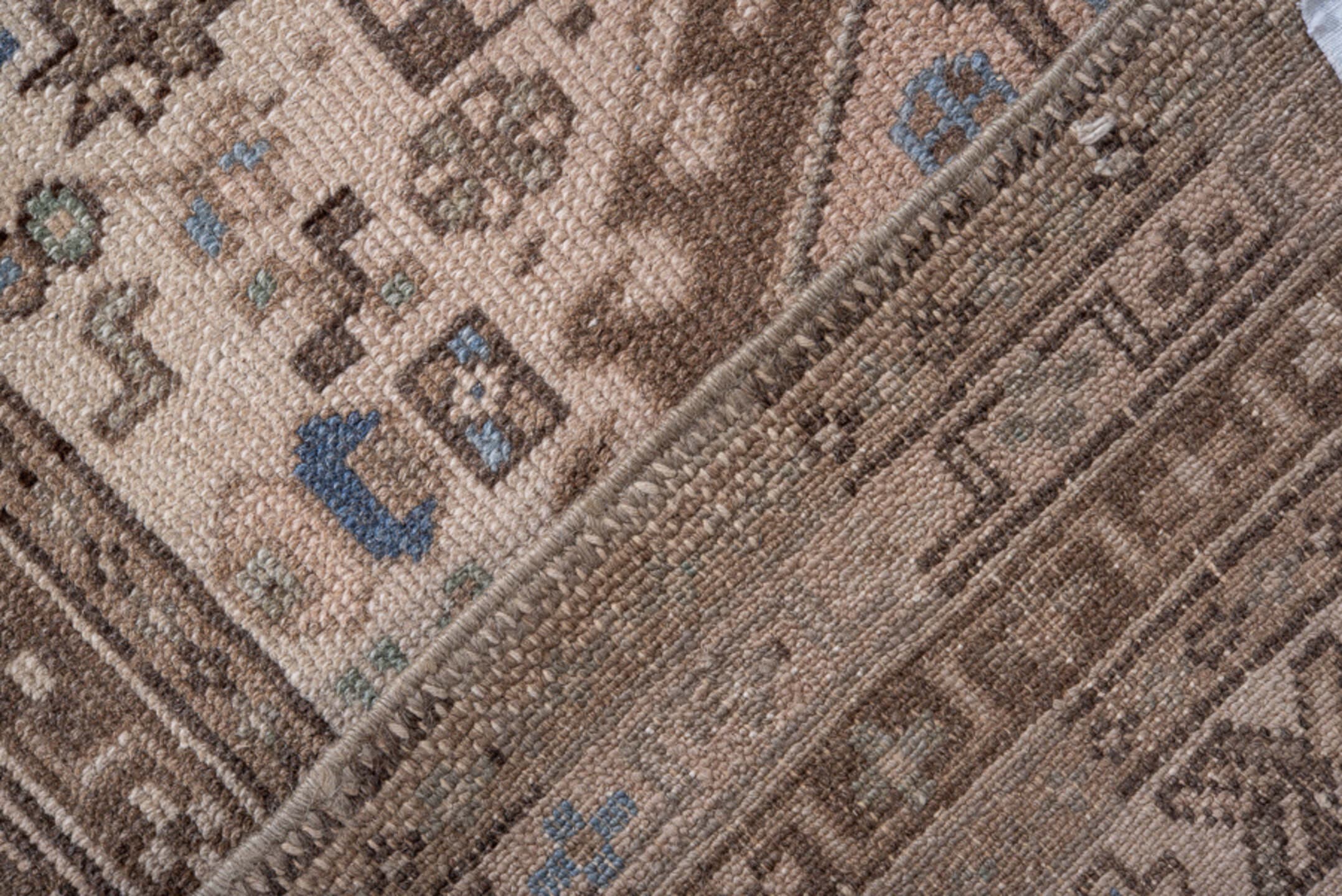 2' x 9' one-of-a-kind handmade antique Karaje runner rug. Color palette: ivory, brown, taupe, slate blue, sage, charcoal
