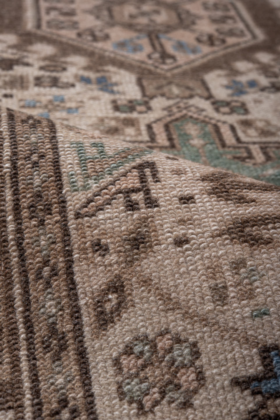 2' x 9' one-of-a-kind handmade antique Karaje runner rug. Color palette: ivory, brown, taupe, slate blue, sage, charcoal