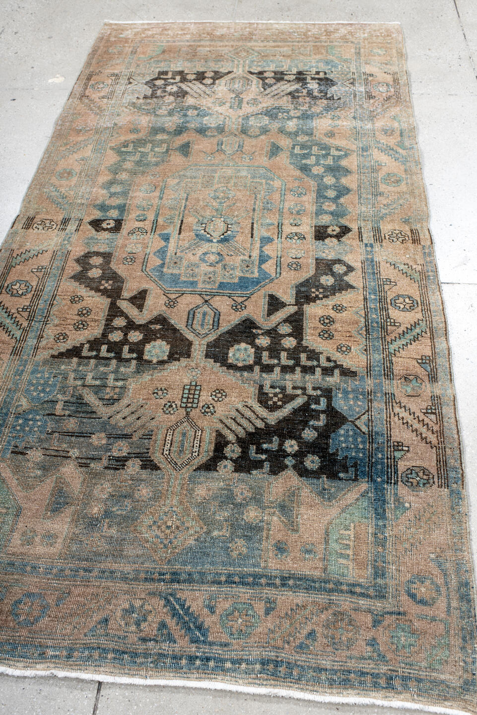3' x 8' one-of-a-kind handmade vintage Bidjar runner rug. Color palette: black, blue, charcoal, dark gray, gray, light gray