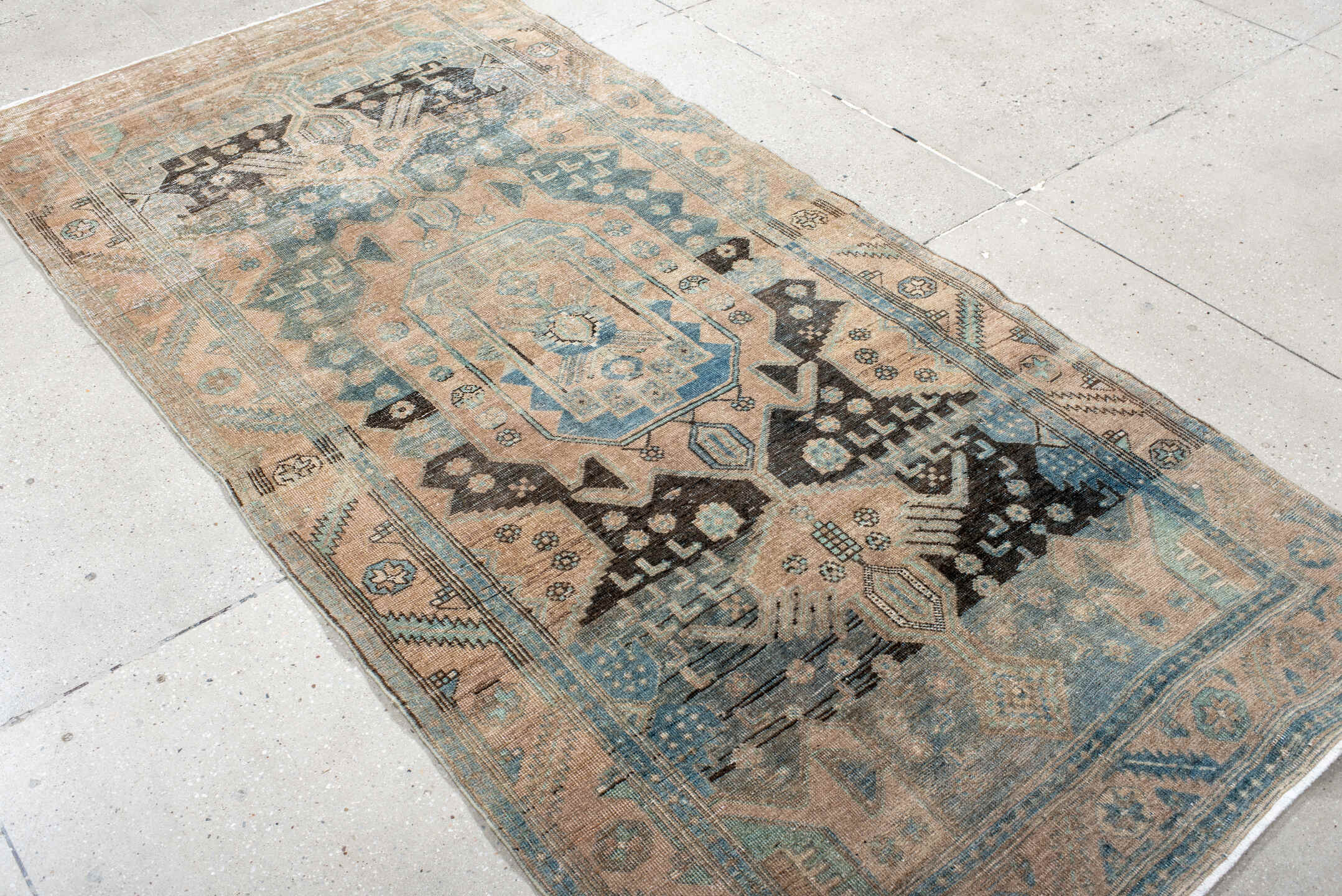3' x 8' one-of-a-kind handmade antique Bidjar runner rug. Color palette: beige, sky_blue, ivory, charcoal, taupe, slate