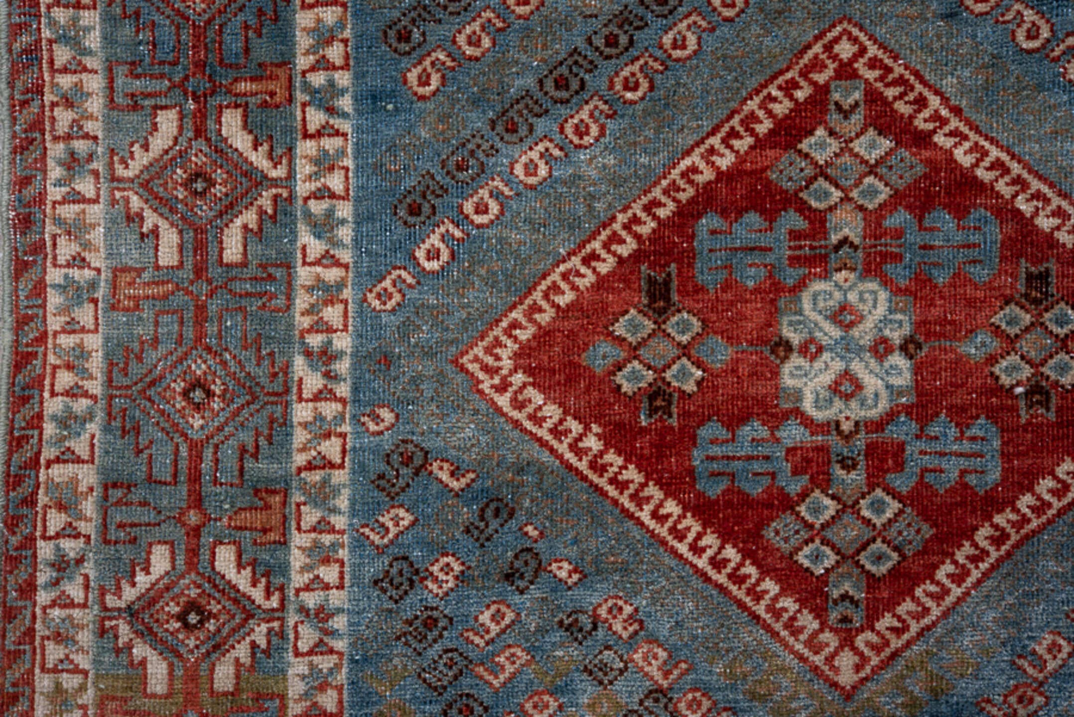 4' x 5' one-of-a-kind handmade antique Afshar small size rug. Color palette: sky blue, rust, ivory, deep brown, slate