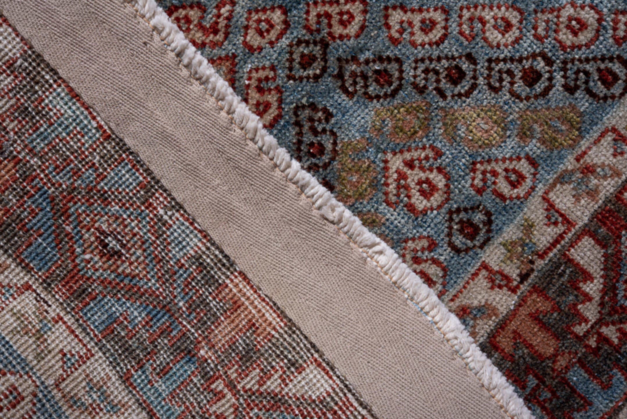 4' x 5' one-of-a-kind handmade antique Afshar small size rug. Color palette: sky blue, rust, ivory, deep brown, slate