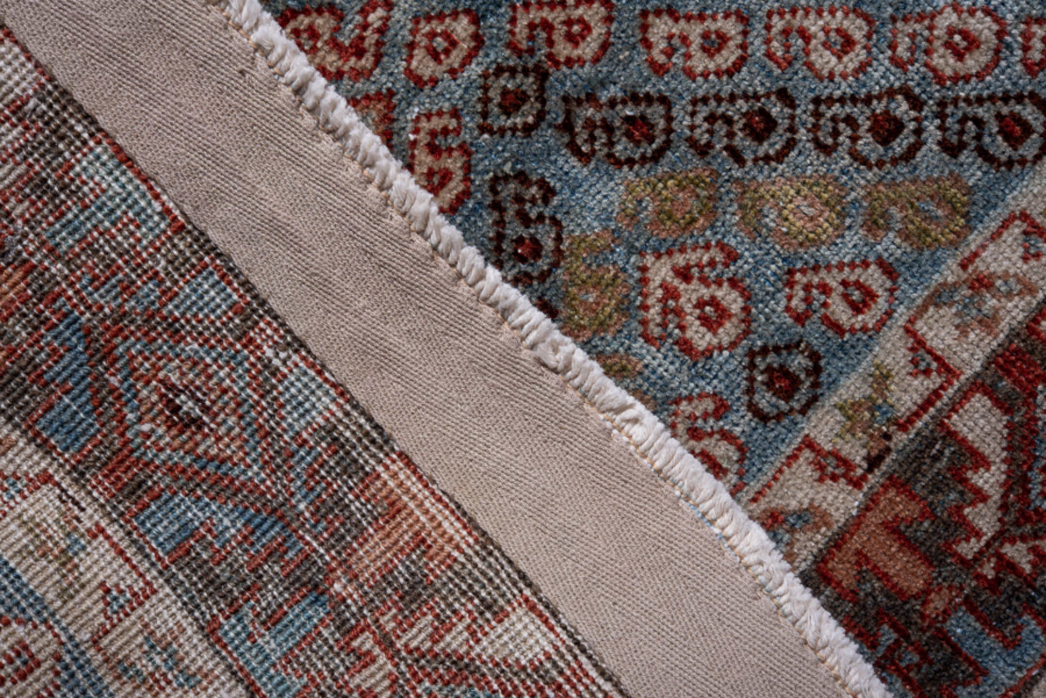 4' x 5' one-of-a-kind handmade antique Afshar small size rug. Color palette: sky blue, rust, ivory, deep brown, slate