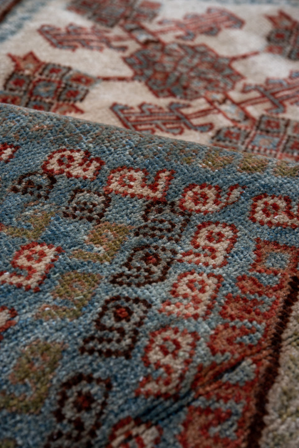 4' x 5' one-of-a-kind handmade antique Afshar small size rug. Color palette: sky blue, rust, ivory, deep brown, slate