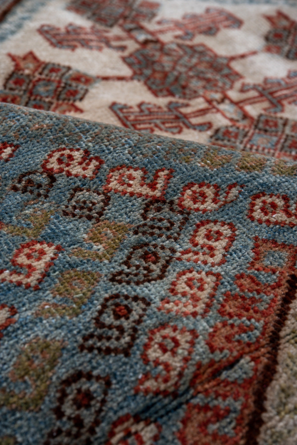 4' x 5' one-of-a-kind handmade antique Afshar small size rug. Color palette: sky blue, rust, ivory, deep brown, slate