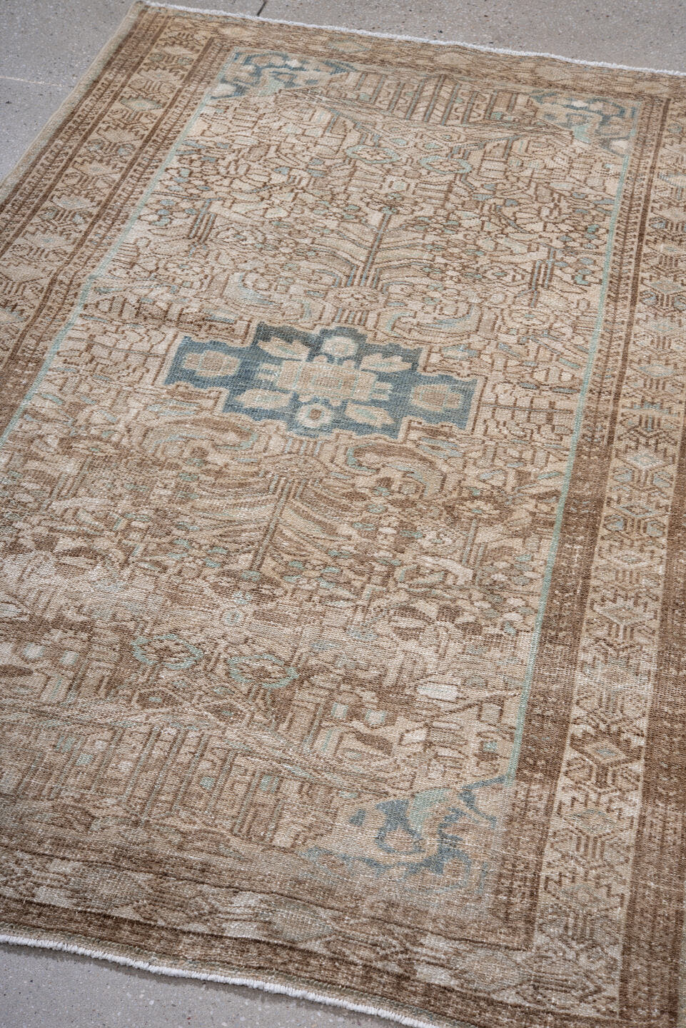 3' x 6' one-of-a-kind handmade antique Malayer small size rug. Color palette: ivory, taupe, brown, sky_blue, beige, gray
