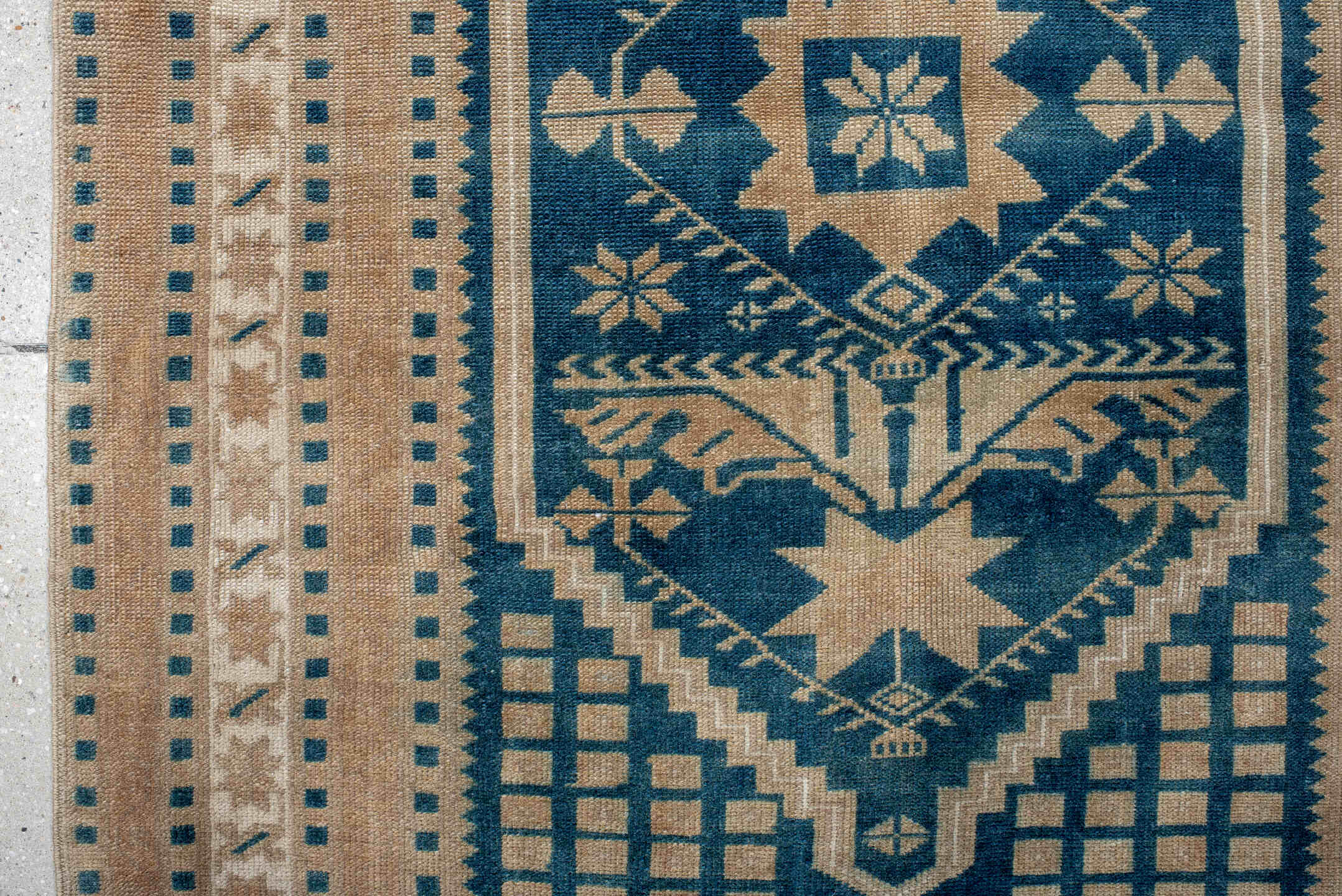 3' x 6' one-of-a-kind handmade antique Anatolian small size rug. Color palette: ivory, teal, camel, beige