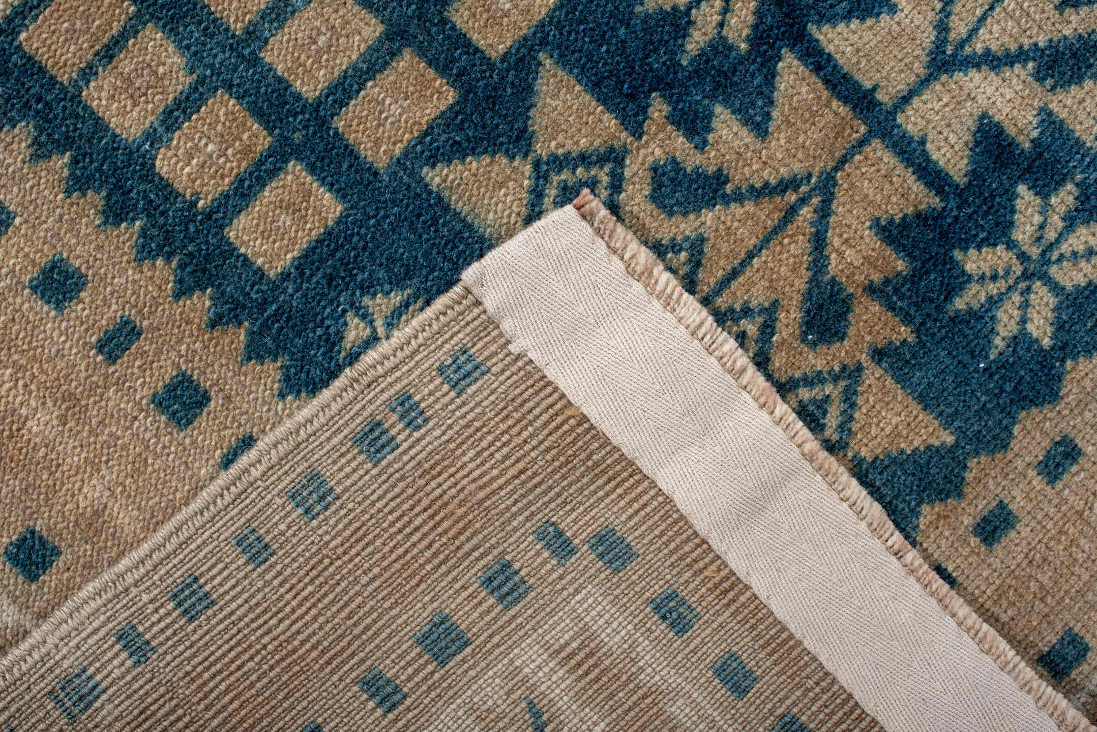 3' x 6' one-of-a-kind handmade vintage Anatol small size rug. Color palette: arapawa, blue, brown, gray, light gray