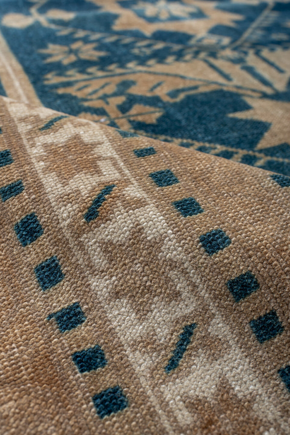 3' x 6' one-of-a-kind handmade antique Anatolian small size rug. Color palette: ivory, teal, camel, beige