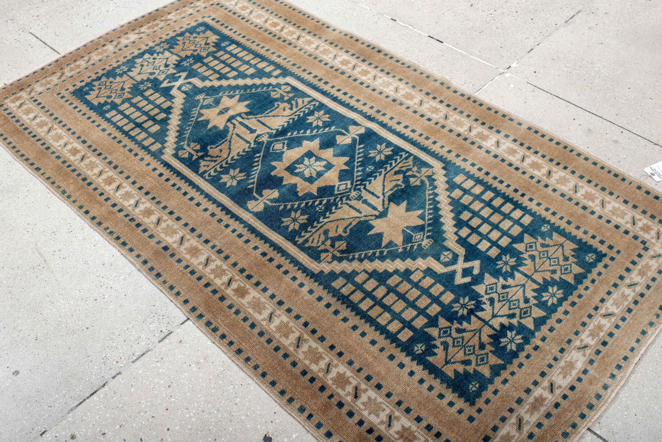 3' x 6' one-of-a-kind handmade antique Anatolian small size rug. Color palette: ivory, teal, camel, beige