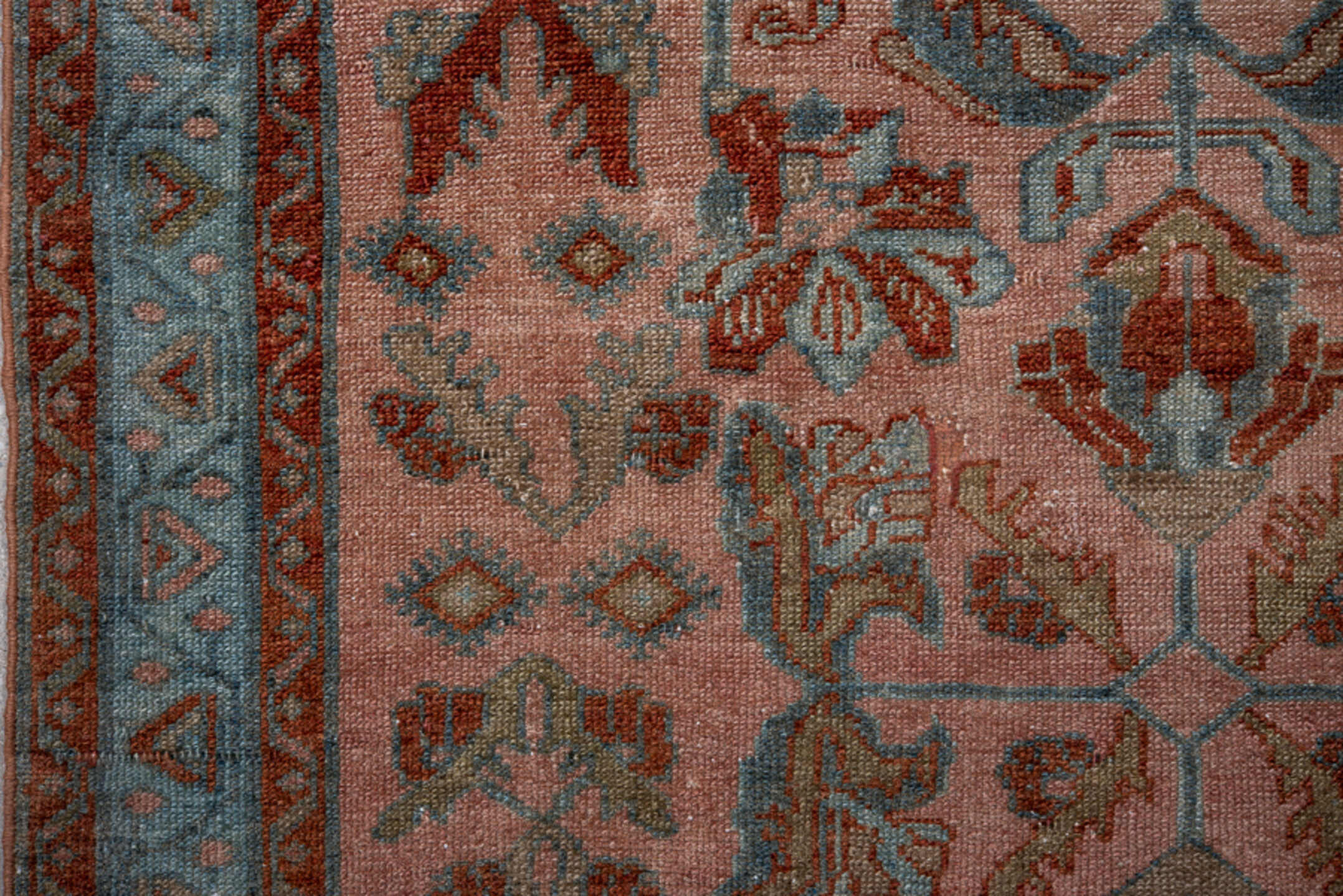 3' x 6' one-of-a-kind handmade antique Lilian small size rug. Color palette: rose, sky blue, rust, sage, ivory, taupe, pink