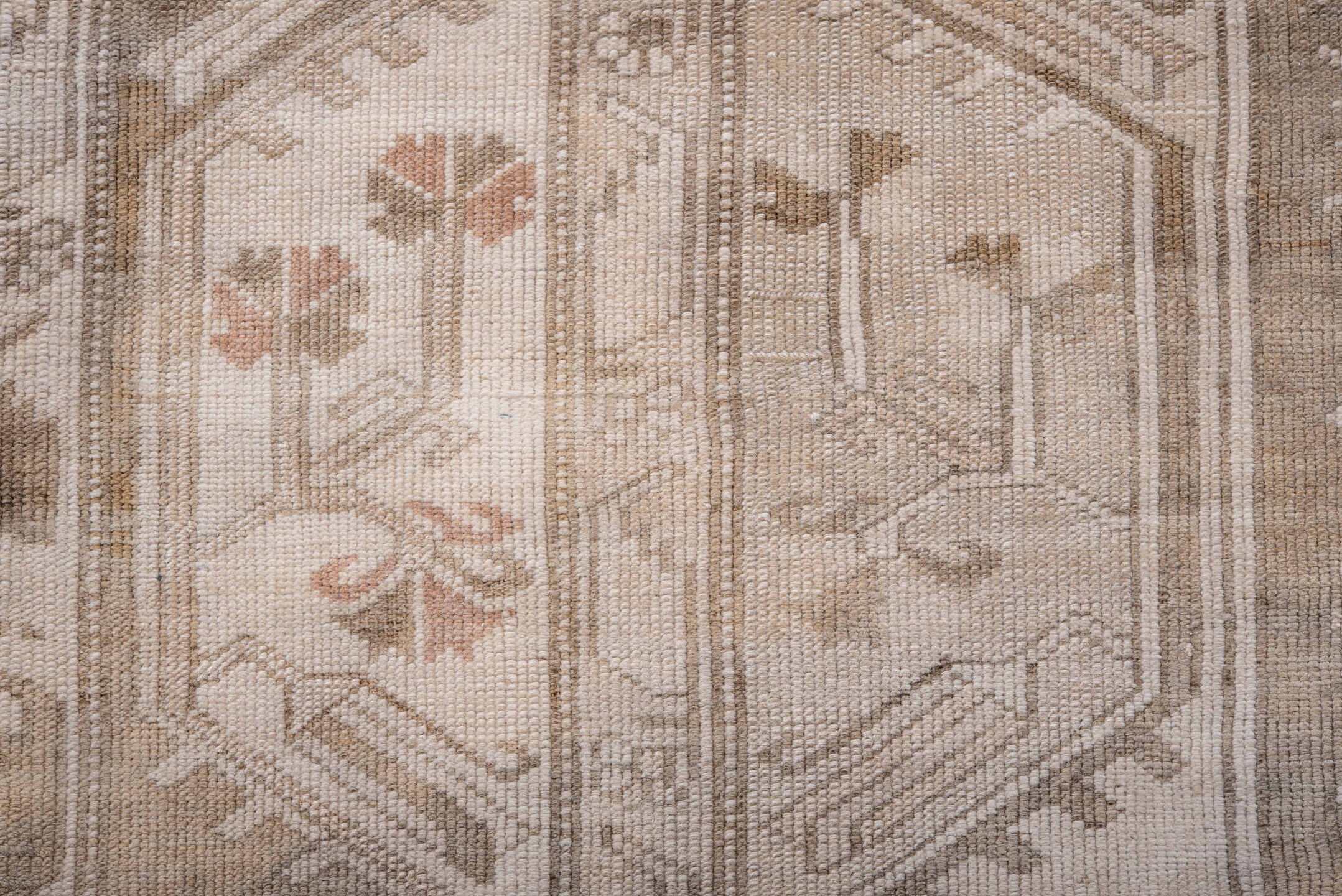 4' x 7' one-of-a-kind handmade antique Oushak rug. Color palette: ivory, taupe, beige, camel, brown, rose, sage, gray, pink
